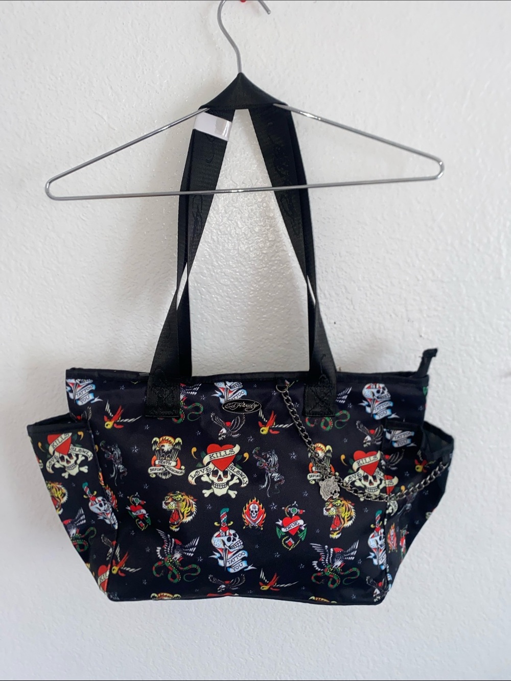Ed Hardy Black Tattoo-Print Tote with Multicolor Motifs
